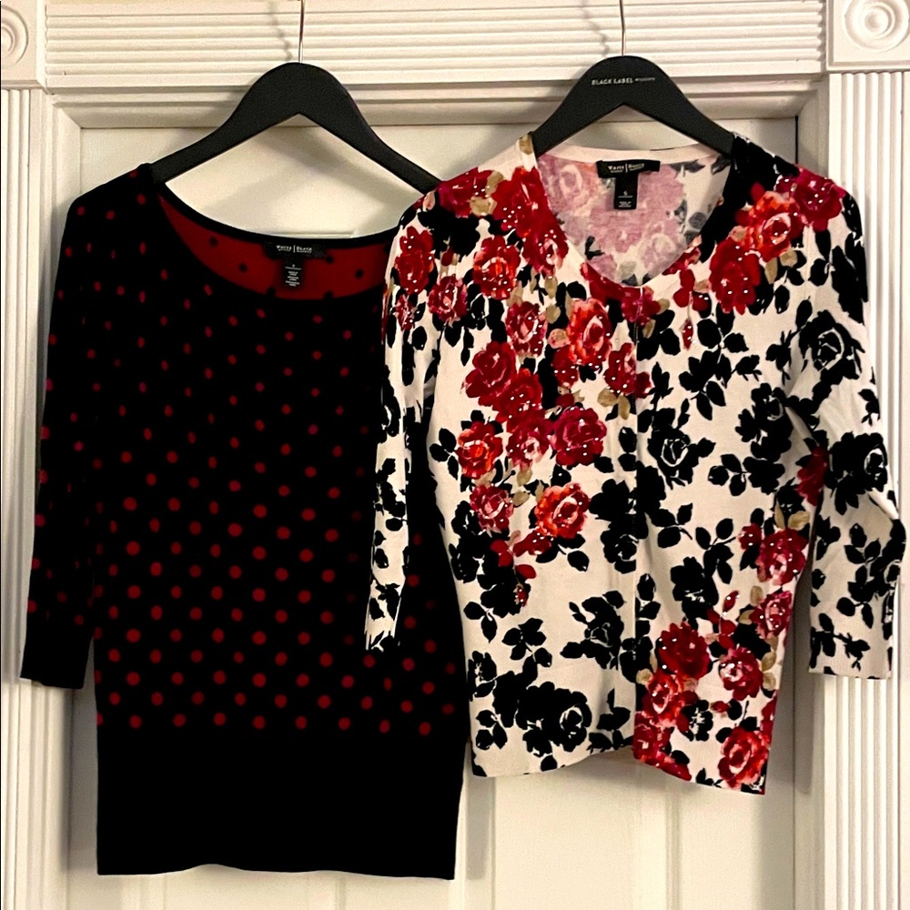 2 WHBM sweaters. Size Small. Never worn. Blk/red polka dot. Blk/wt button up.